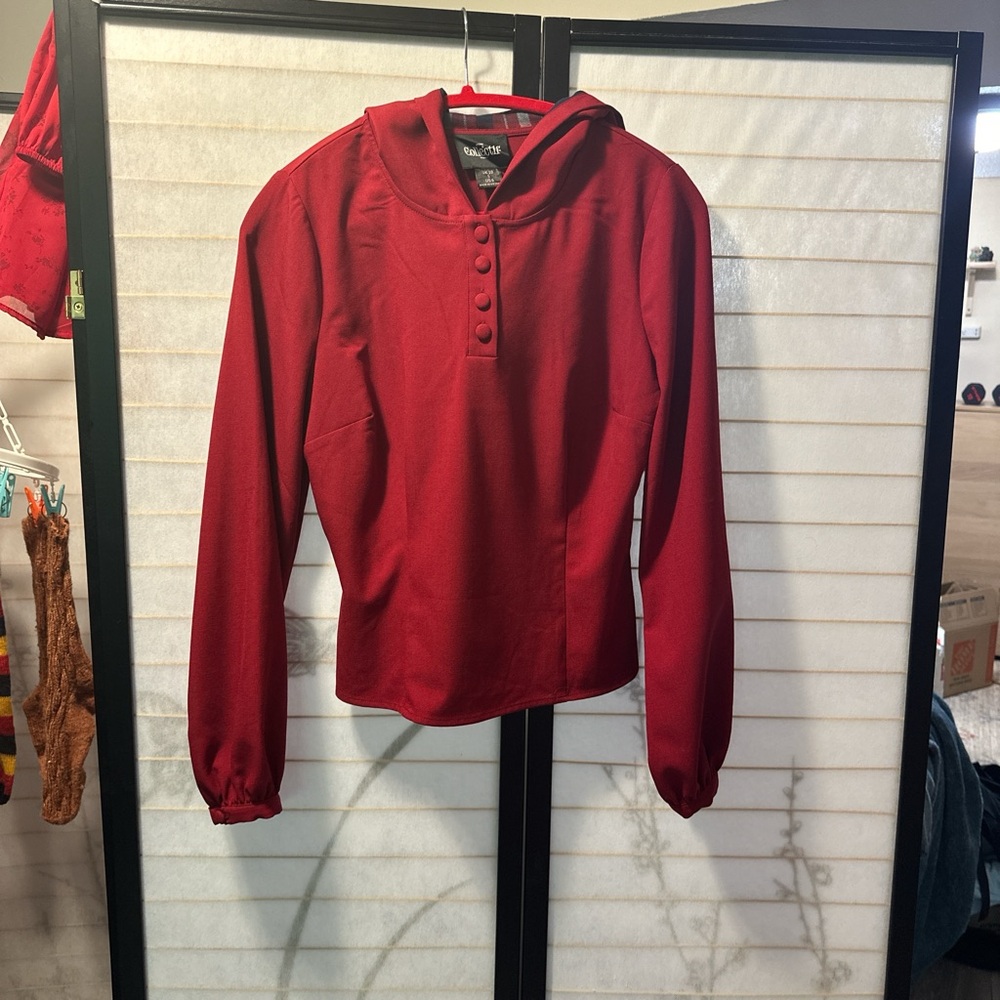 Collectif Red Button-Up Women's Hoodie Blouse